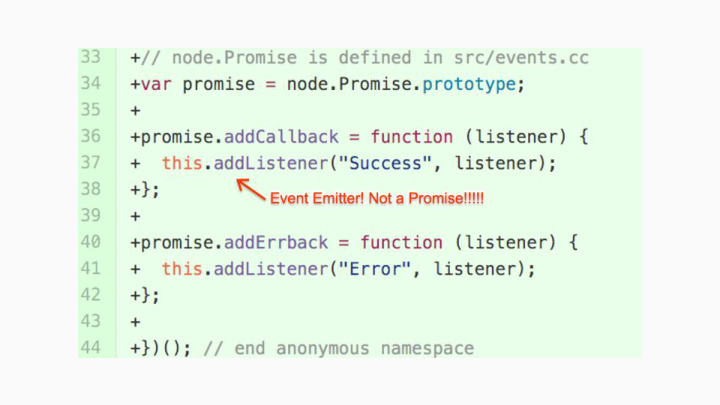 original nodejs promise implementation using event emitters